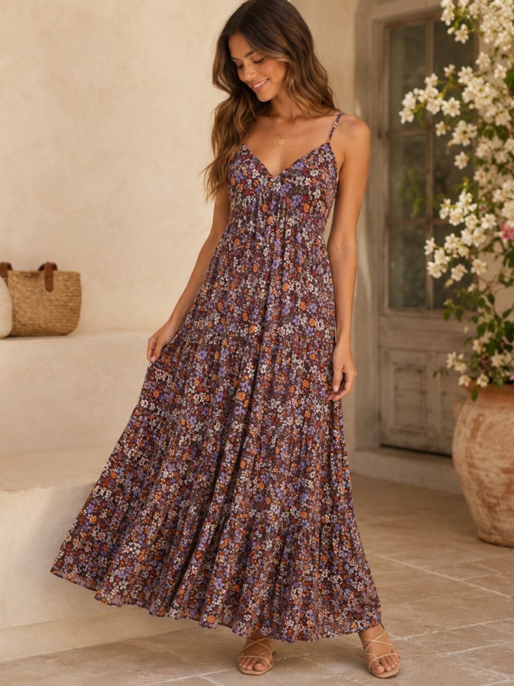 Crystal Doll Brown Floral Spaghetti Strap Maxi Dress XS